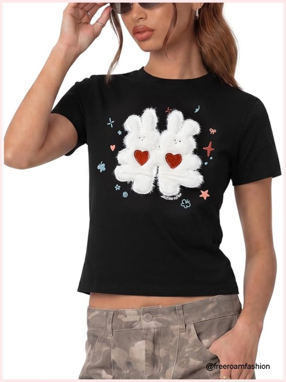 Vintage Y2K Fuzzy Bunny Crop Tee Slim Fit Short Sleeve T-Shirt
